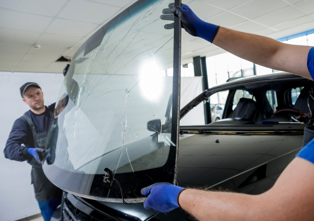 Zwei Werkstattmitarbeiter bei der Windschutzscheiben Reparatur